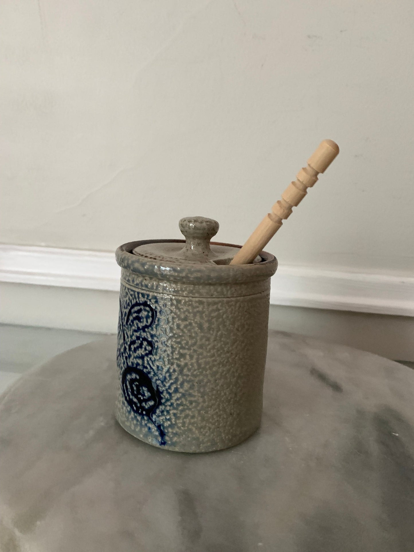 Retro Handmade Red Wing Pottery Jar with Blue Beet and Wooden Honey Stick