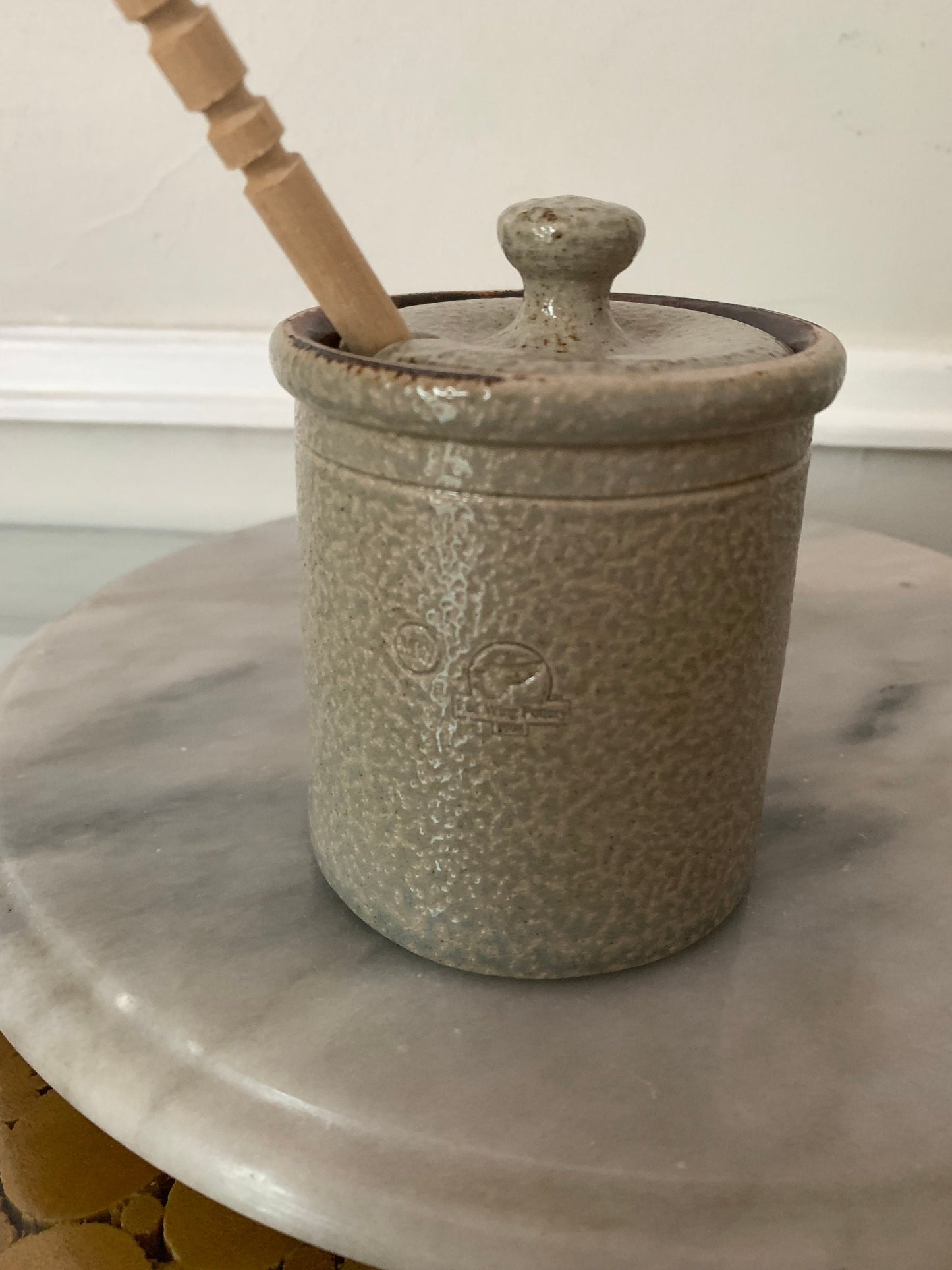 Retro Handmade Red Wing Pottery Jar with Blue Beet and Wooden Honey Stick