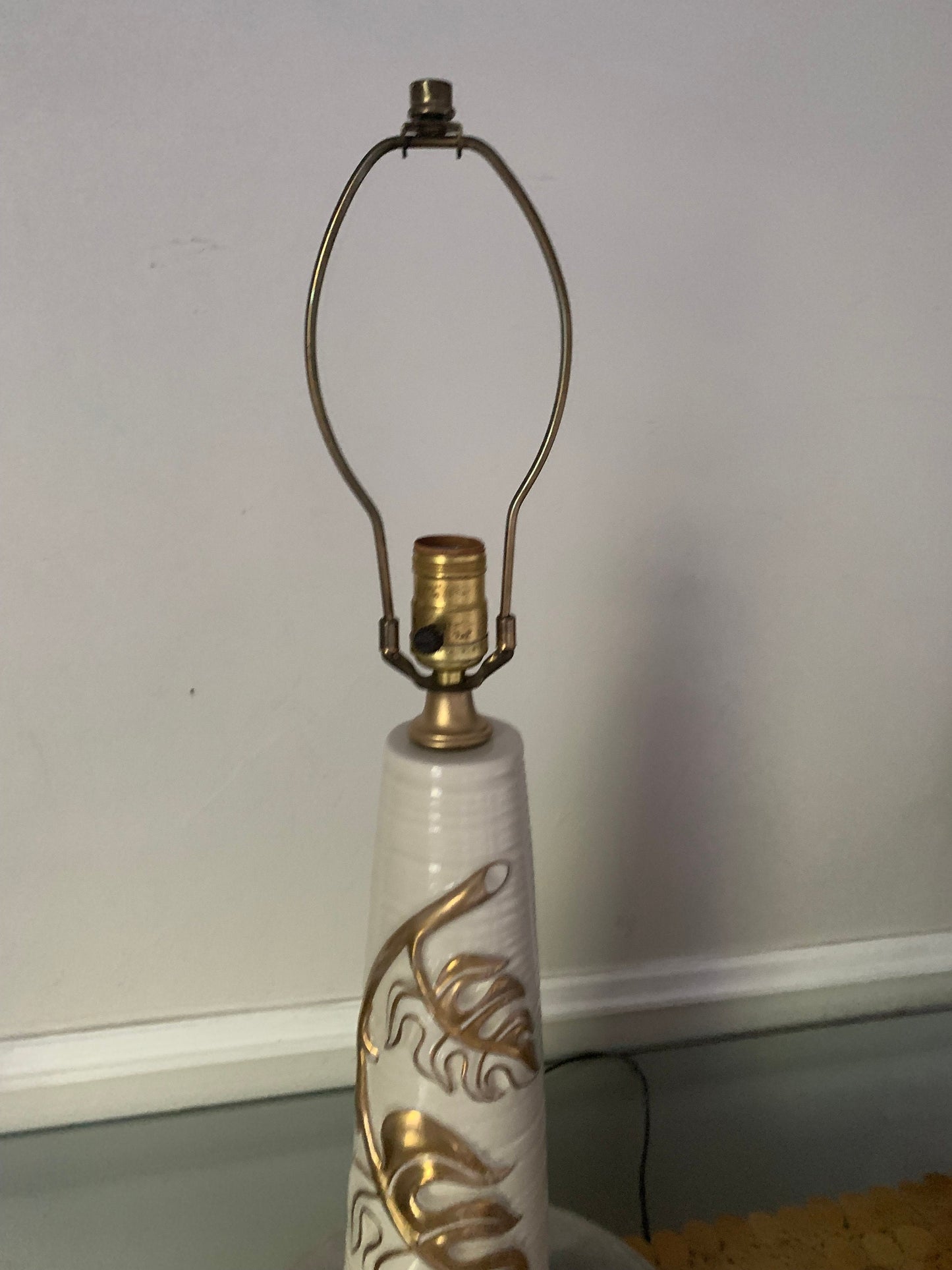 Tall MCM Cream Ceramic Table Lamp with Gold Monstera Leaves Shade Not Included