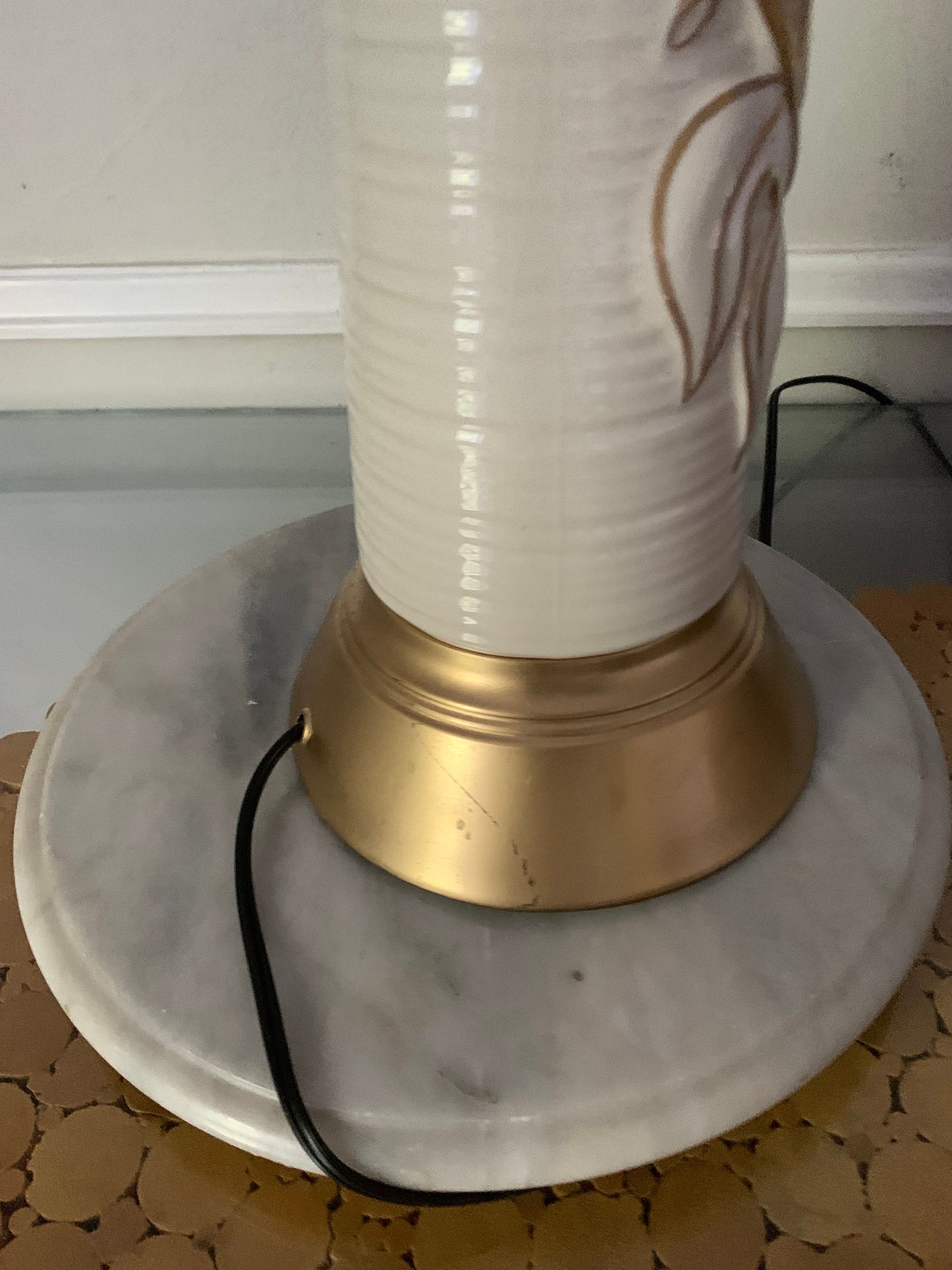 Tall MCM Cream Ceramic Table Lamp with Gold Monstera Leaves Shade Not Included