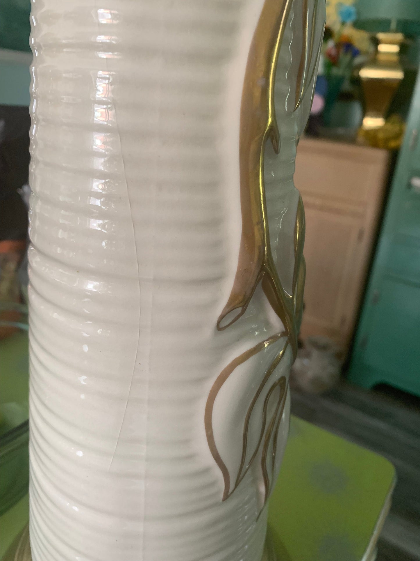 Tall MCM Cream Ceramic Table Lamp with Gold Monstera Leaves Shade Not Included