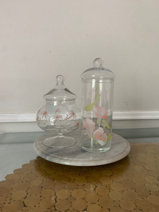 Retro Pair of Glass Pasabahce Lidded Jar with Frosted Flowers Made in Turkey