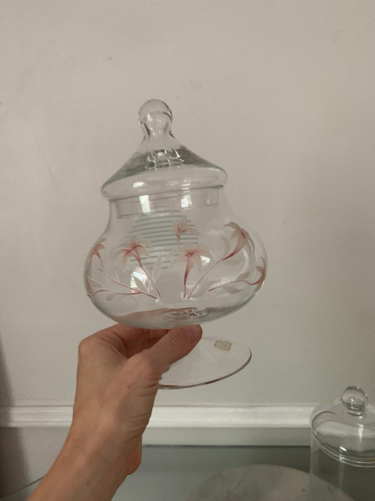 Retro Pair of Glass Pasabahce Lidded Jar with Frosted Flowers Made in Turkey