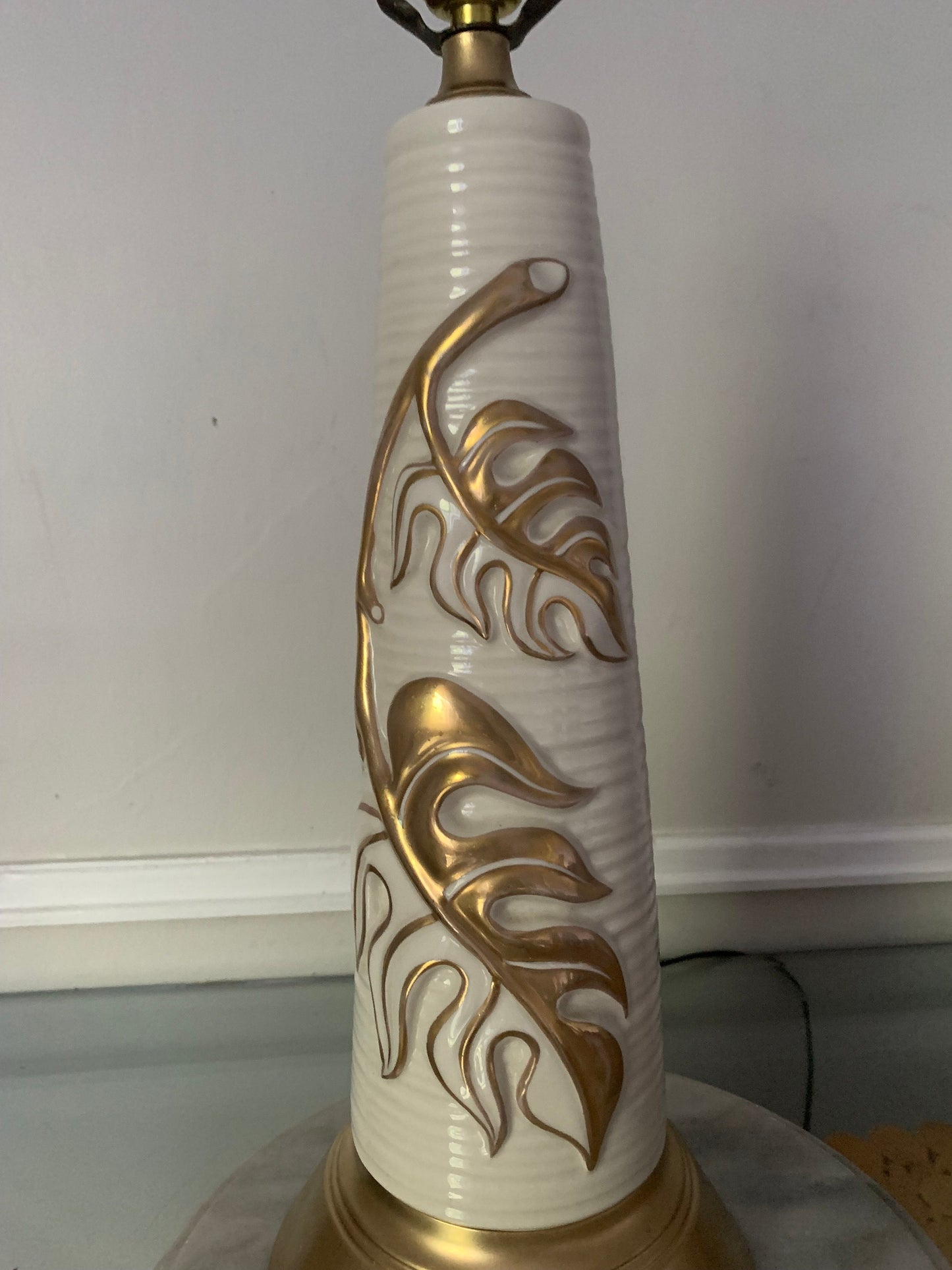 Tall MCM Cream Ceramic Table Lamp with Gold Monstera Leaves Shade Not Included