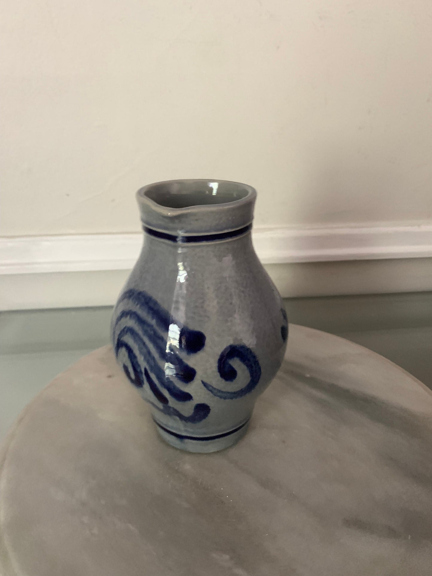 Small Vintage Salt Glazed Stoneware Cobalt Blue & Gray Half Litre Pitcher