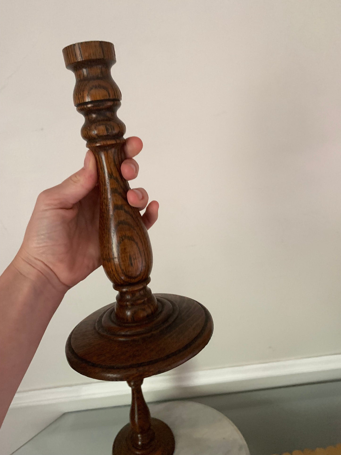 Pair of Tall Antique Solid Oak Hand Made Candlesticks