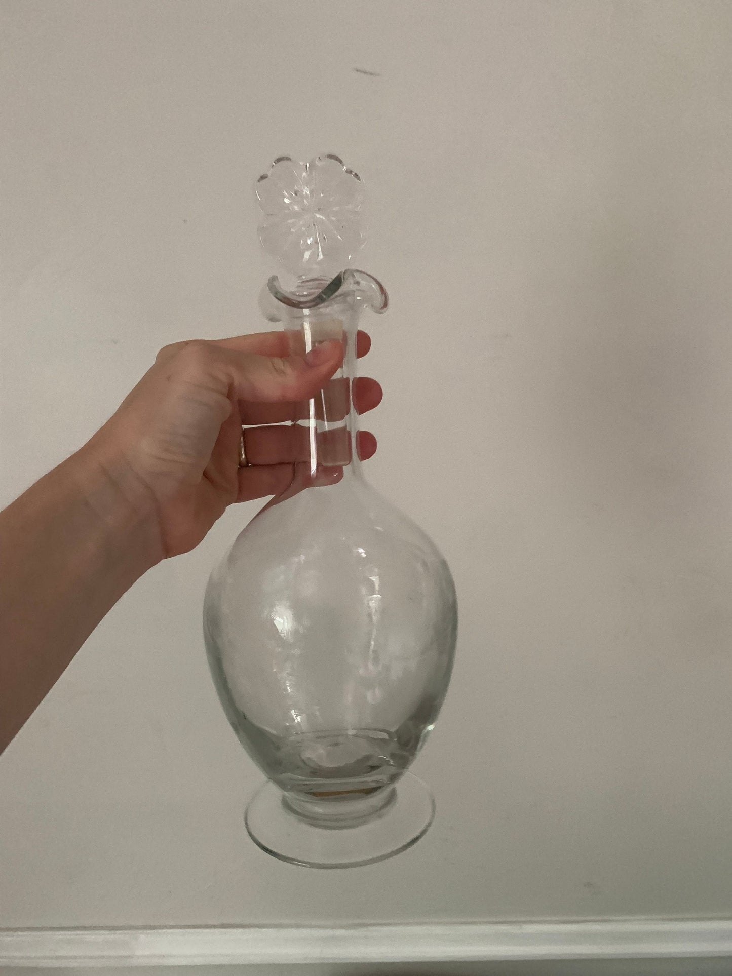 Vintage Tall Clear Decanter with Etched Thistle with Flower Top