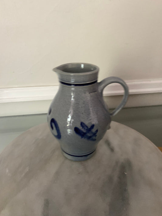 Small Vintage Salt Glazed Stoneware Cobalt Blue & Gray Half Litre Pitcher