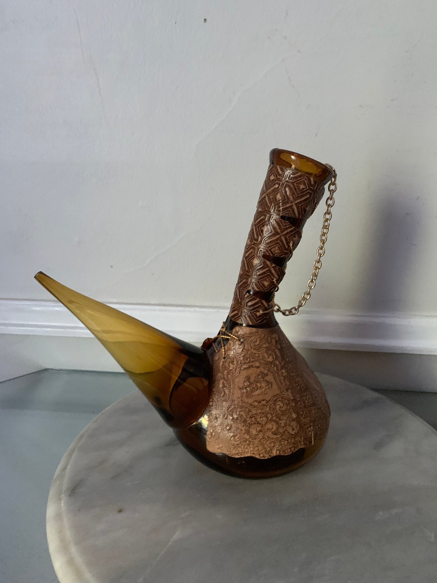 Unique Hand Tooled Leather Amber Orange Glass Decanter with Stopper