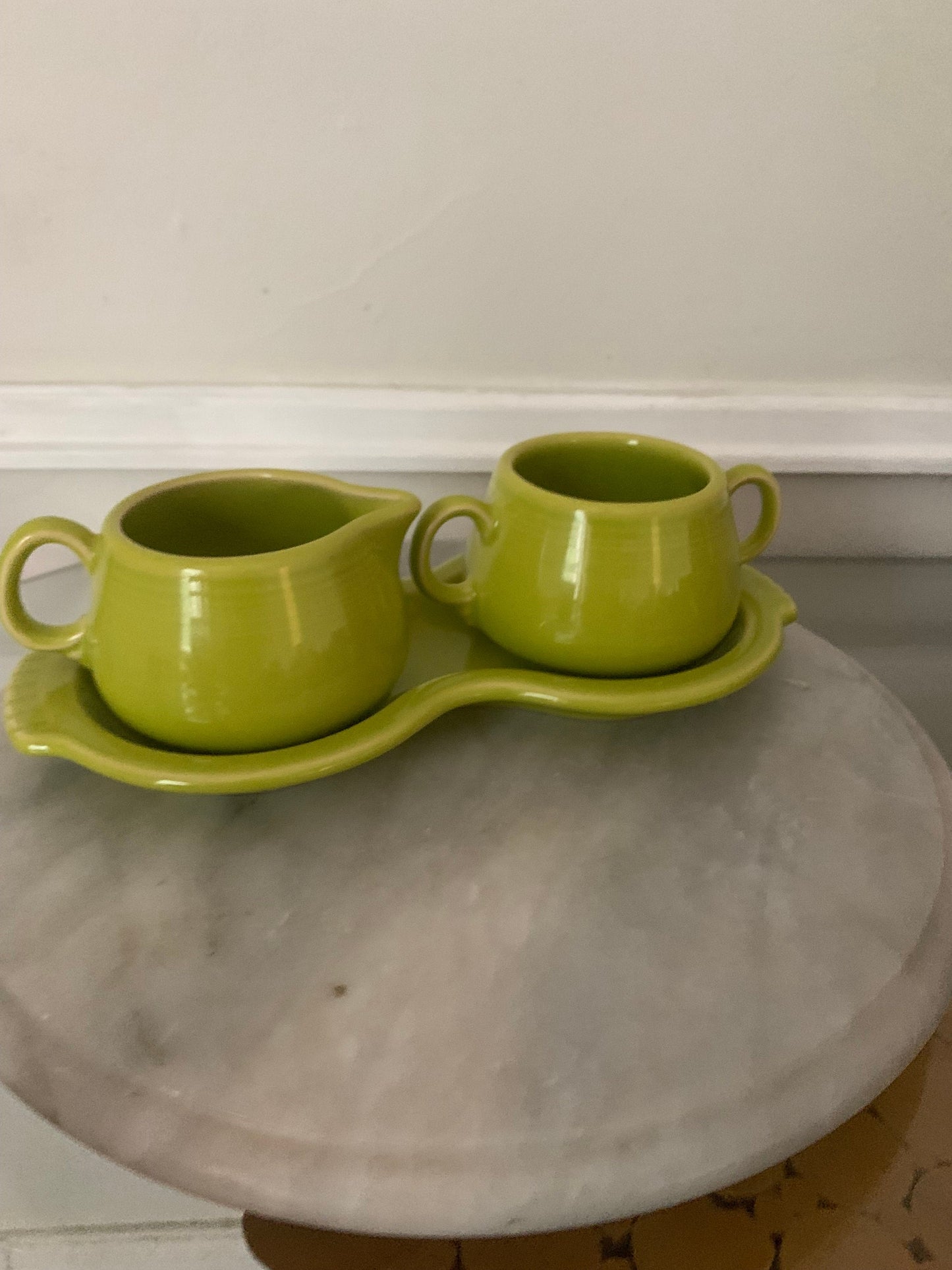 Fiesta Sugar and Creamer with Tray by Homer Laughlin Lime Green