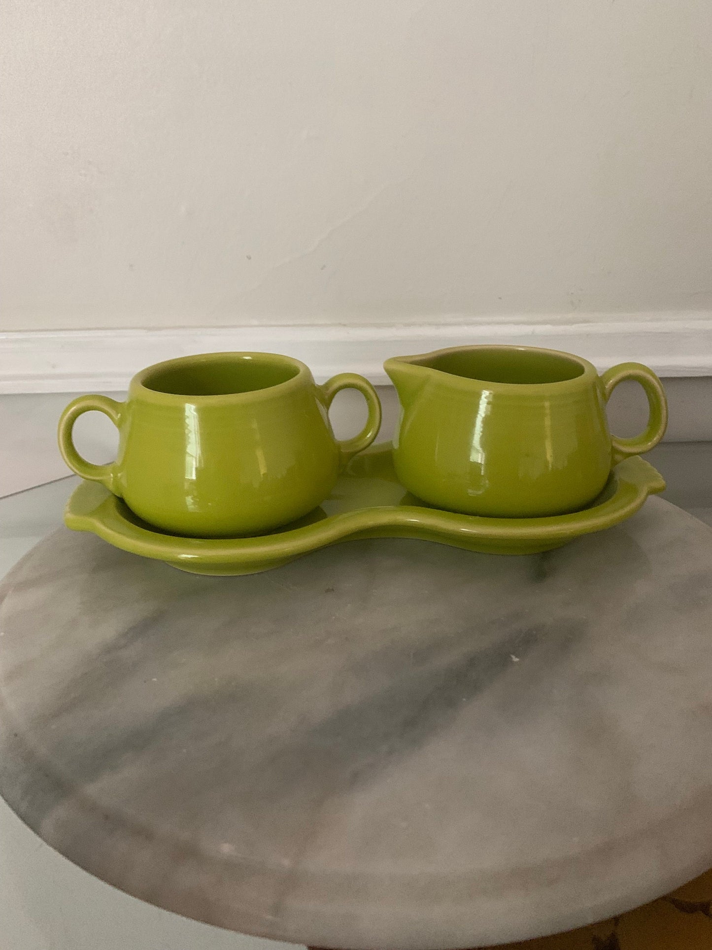 Fiesta Sugar and Creamer with Tray by Homer Laughlin Lime Green