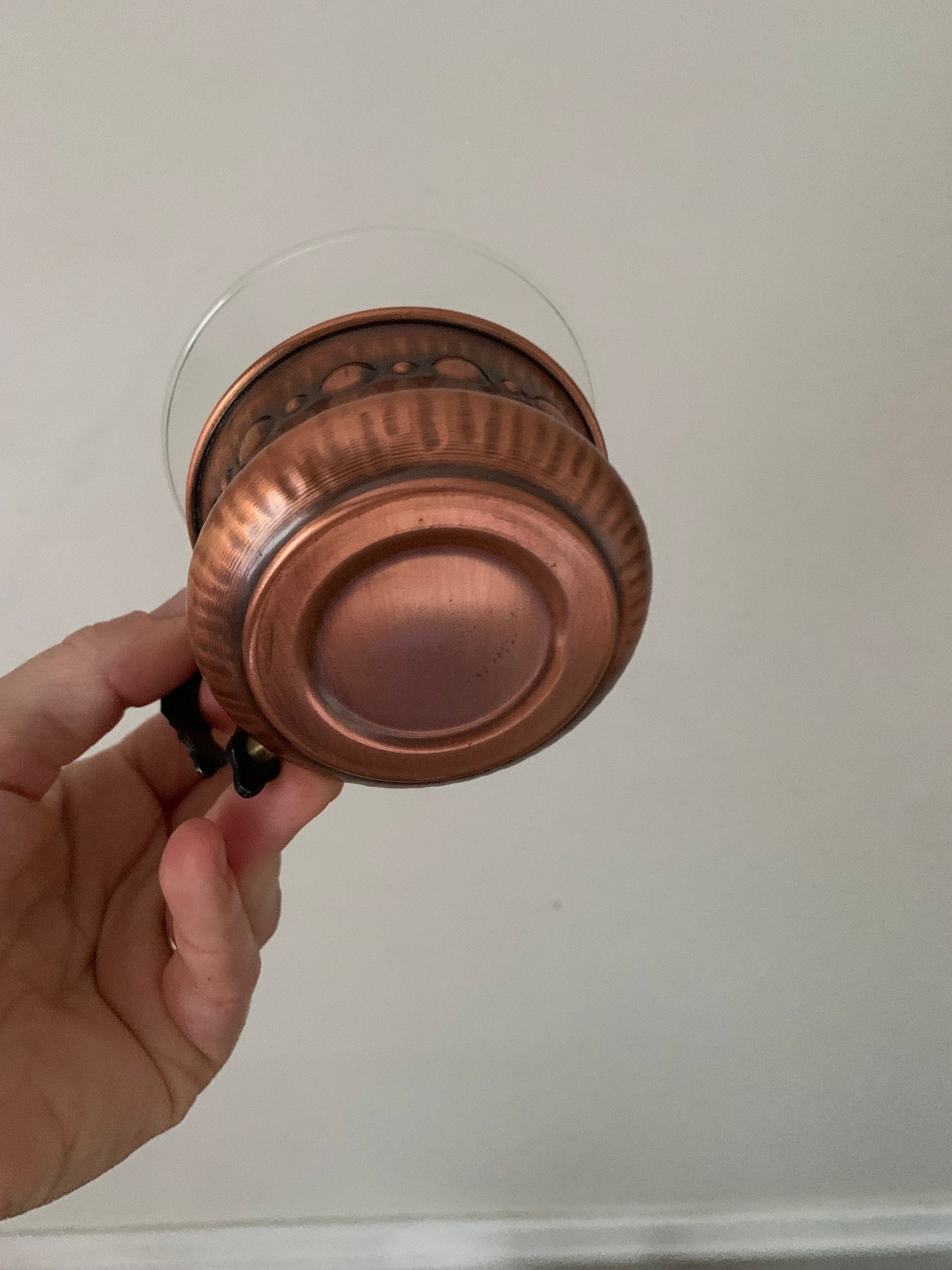 MCM Set of 7 Copper Caddy and Glass Mugs on Copper Tray