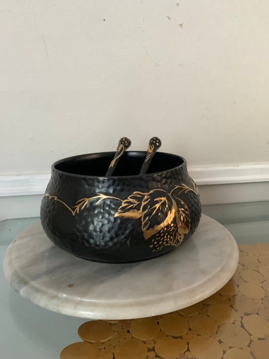 Antique Black Velvet Hand Painted Black & Gold Wade Ceramic Bowl with Matching Tongs Made in England