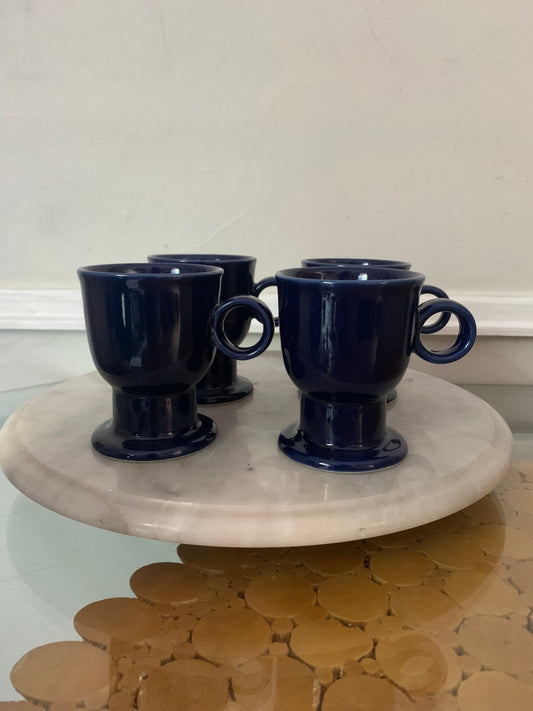 Set 4 Vintage Cobalt Blue Round Handle Ceramic Mugs