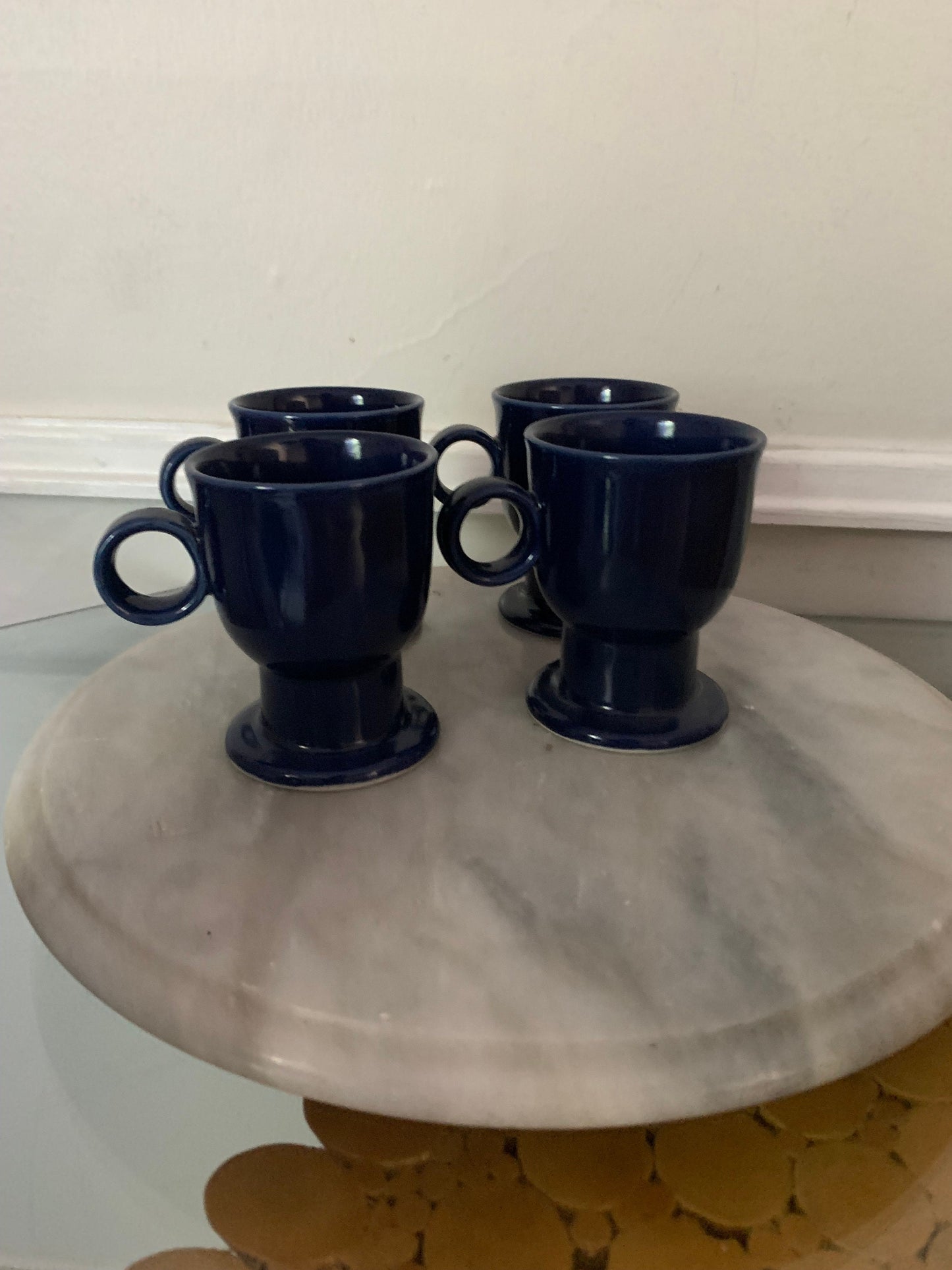 Set 4 Vintage Cobalt Blue Round Handle Ceramic Mugs