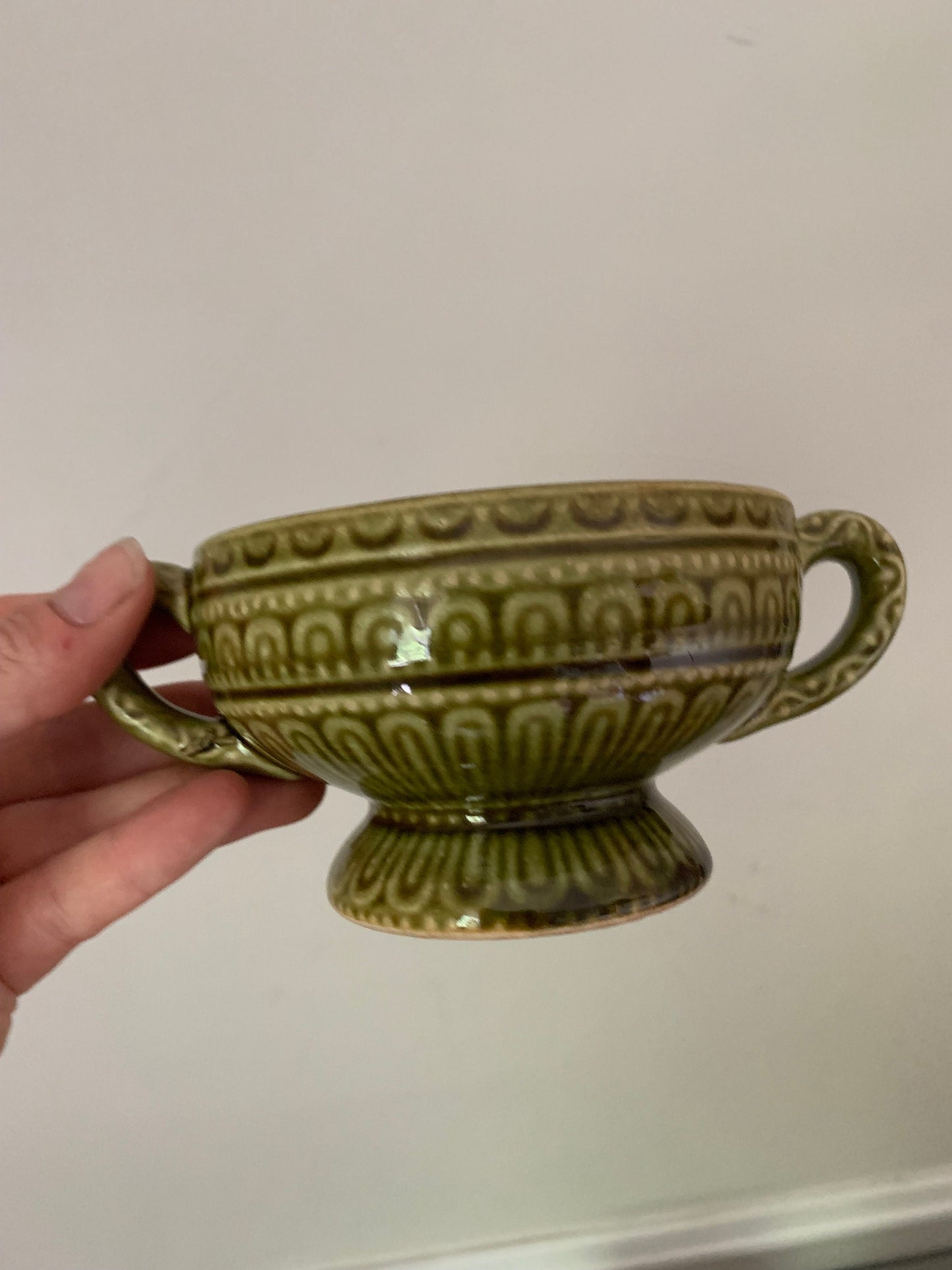 Set of 4 MCM Avocado Green Ceramic Double Handle Cups and Saucers