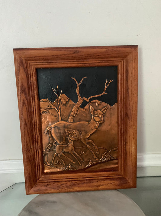 Vintage Copper Mother and Baby Deer Relief in Solid Wood Frame
