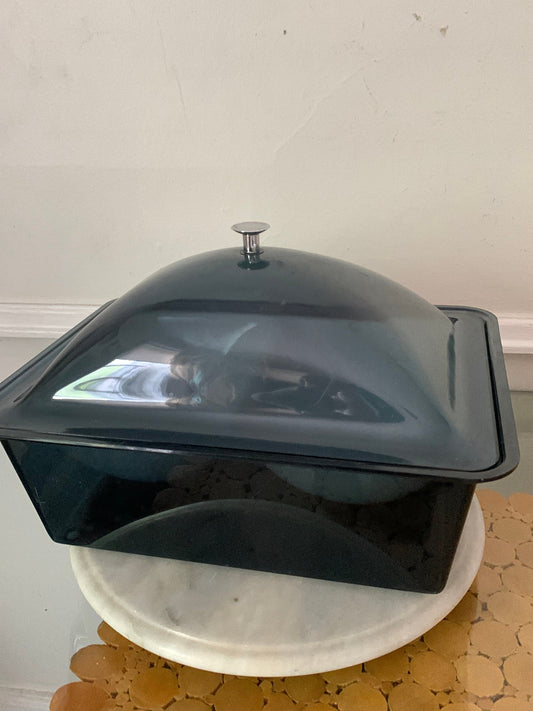 Retro Smokey Brown Plastic Lidded Container Made in Hong Kong