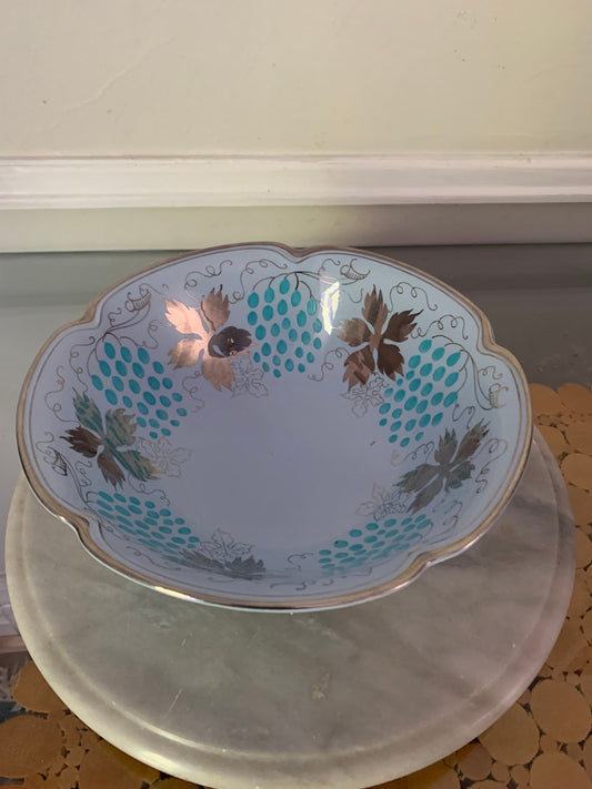 Vintage Gray's Pottery Large Petal Blue Bowl Stoke On Trent with Handpainted SIlver Detail England