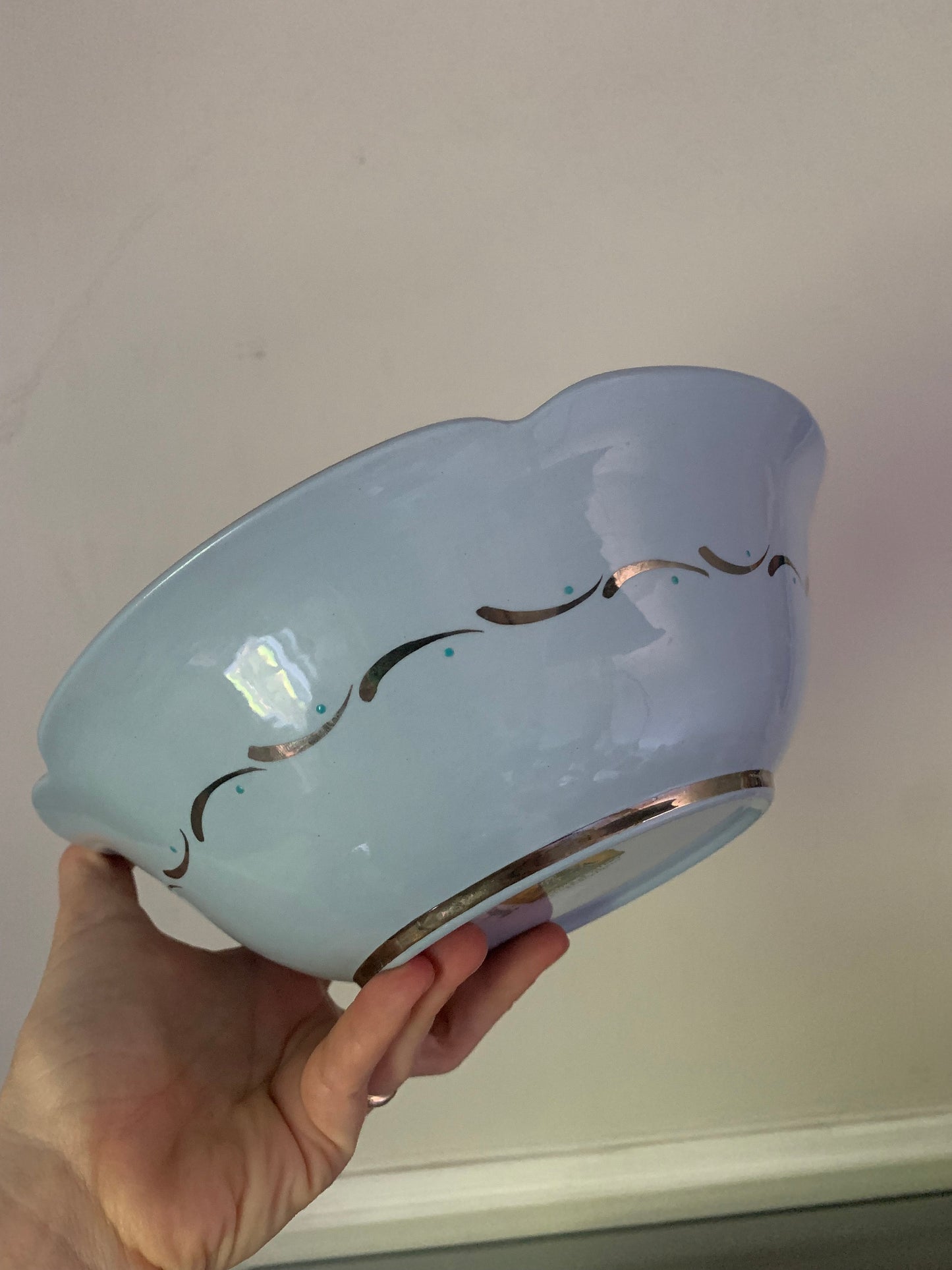 Vintage Gray's Pottery Large Petal Blue Bowl Stoke On Trent with Handpainted SIlver Detail England