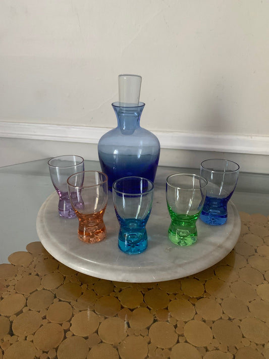 Set of 6 Bubble Bottom Pastel Blue Decanter with Stopper and 5 Small Glasses