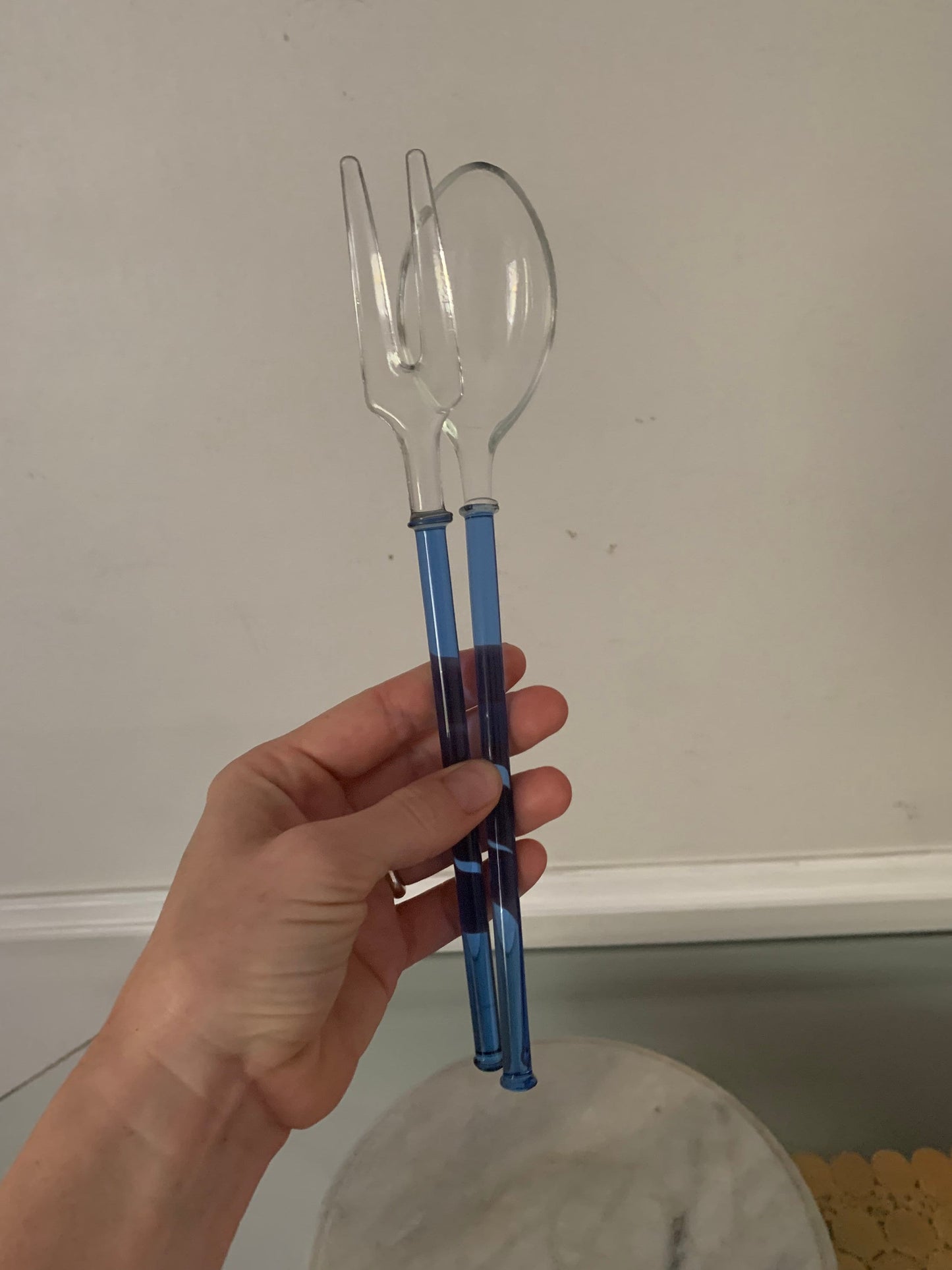 Pair of Retro Cobalt and Clear Glass Salad Tongs Spoon and Fork