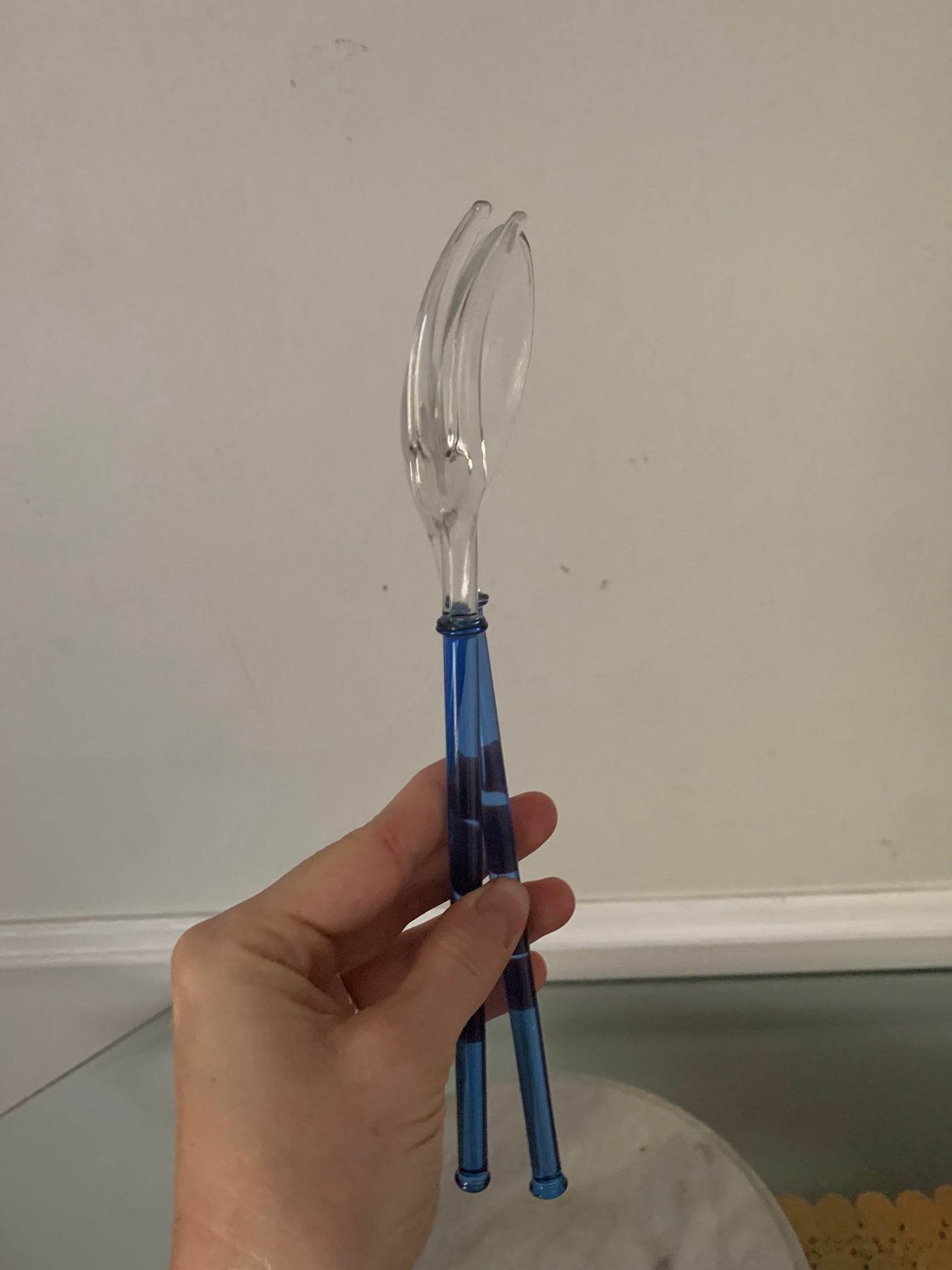 Pair of Retro Cobalt and Clear Glass Salad Tongs Spoon and Fork