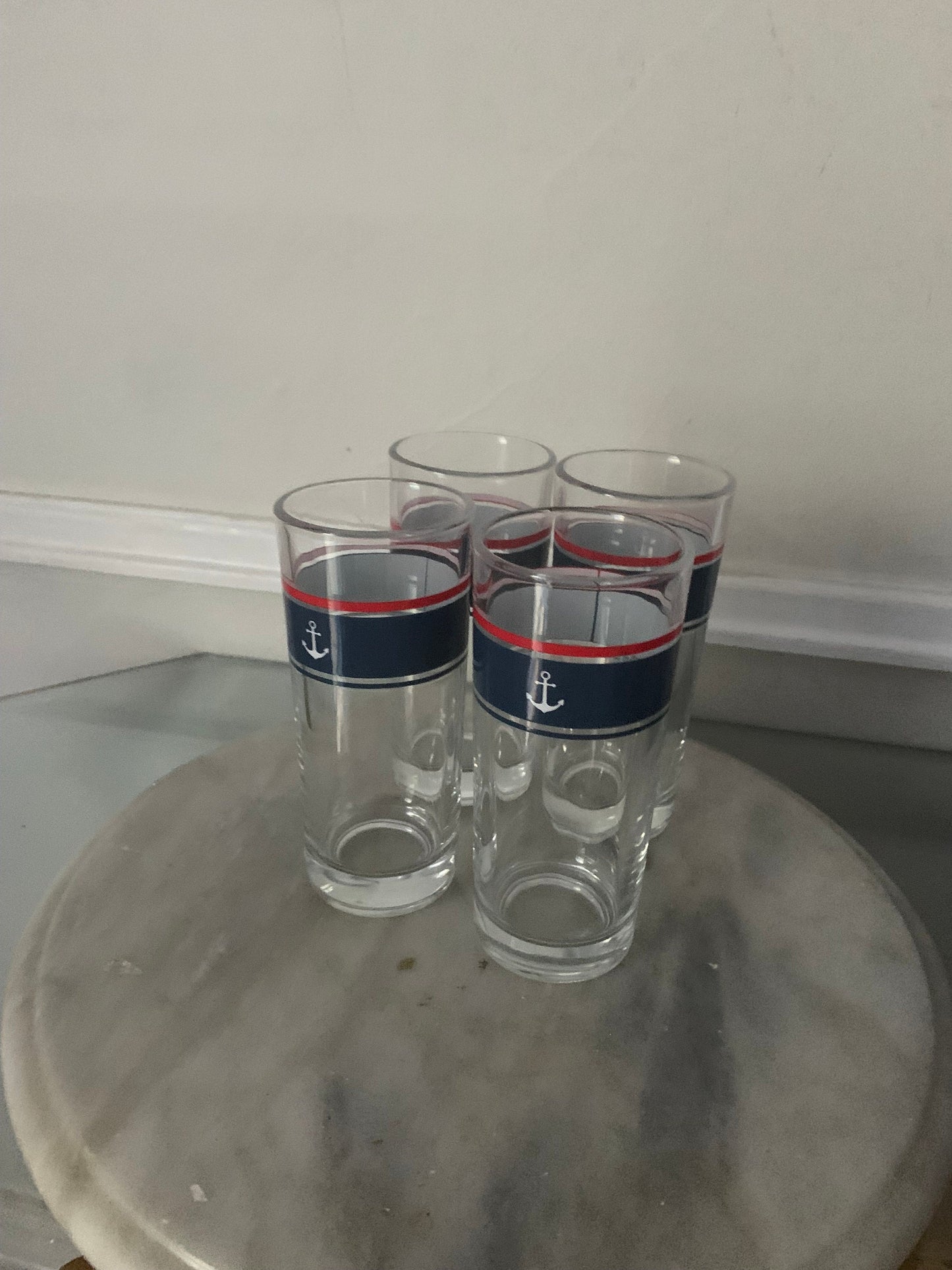 Vintage Set of 4 Glass Tumblers with Navy Stripe And Anchor