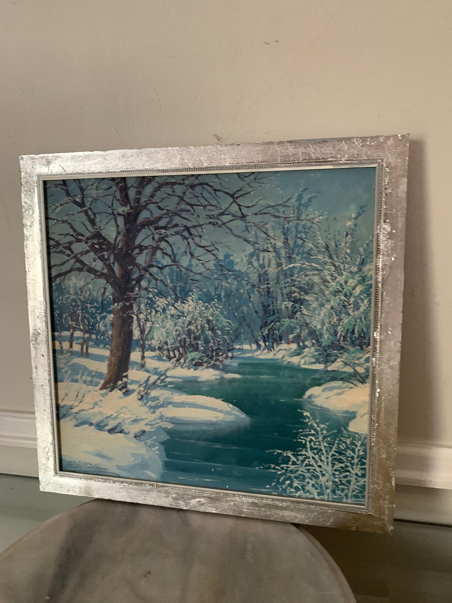 Retro Square Blue Tone Winter Scene in Silver Frame