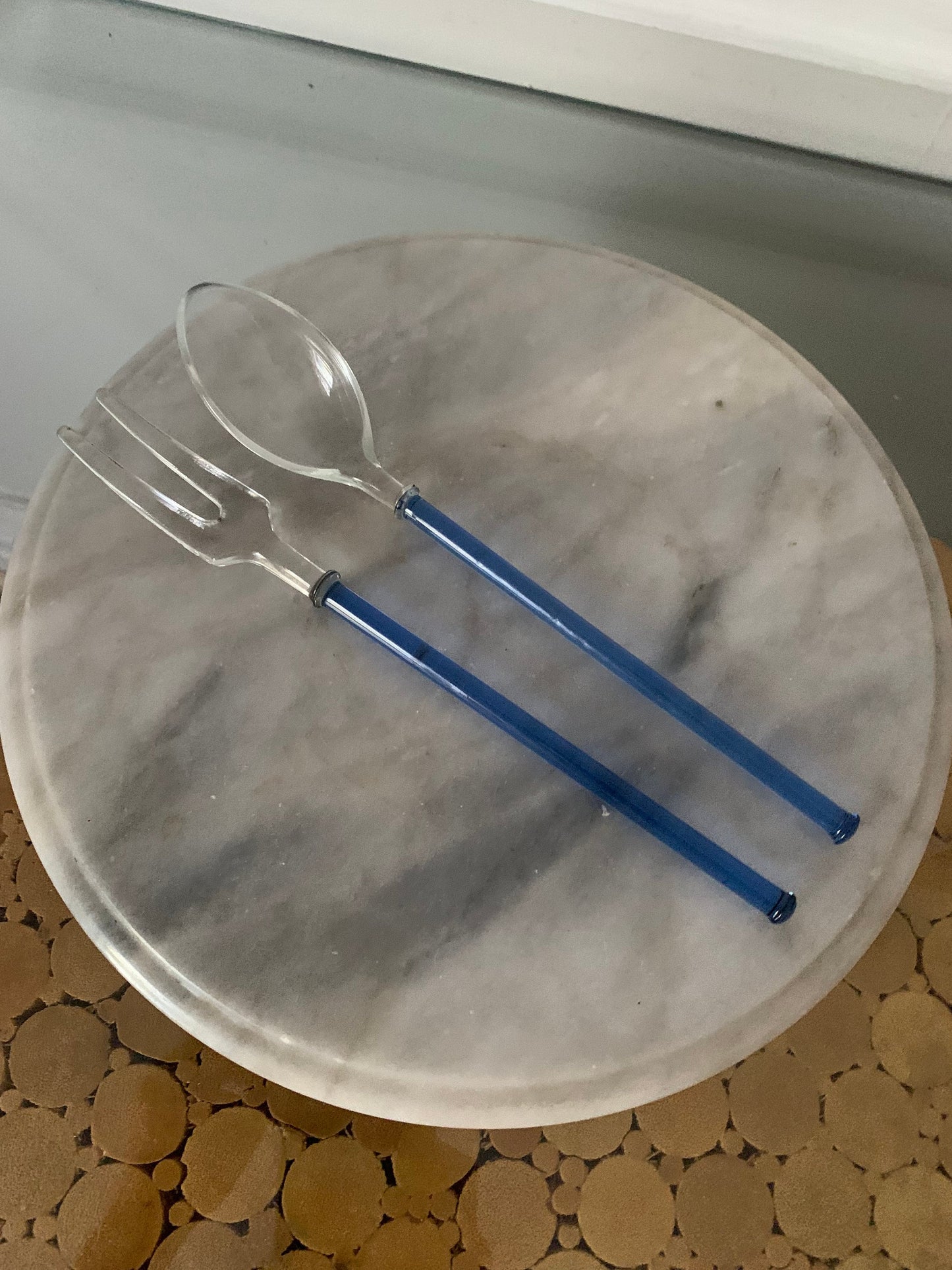 Pair of Retro Cobalt and Clear Glass Salad Tongs Spoon and Fork