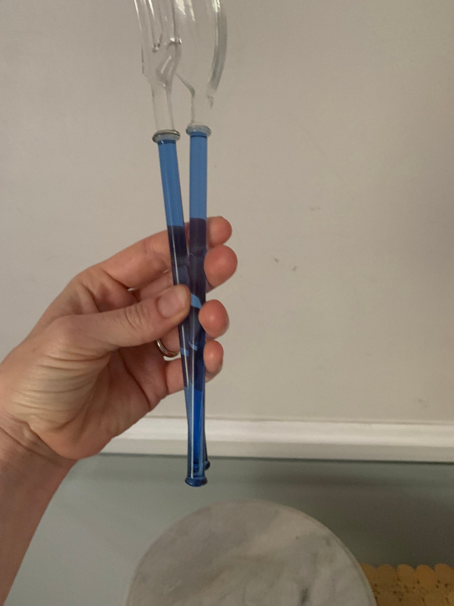 Pair of Retro Cobalt and Clear Glass Salad Tongs Spoon and Fork