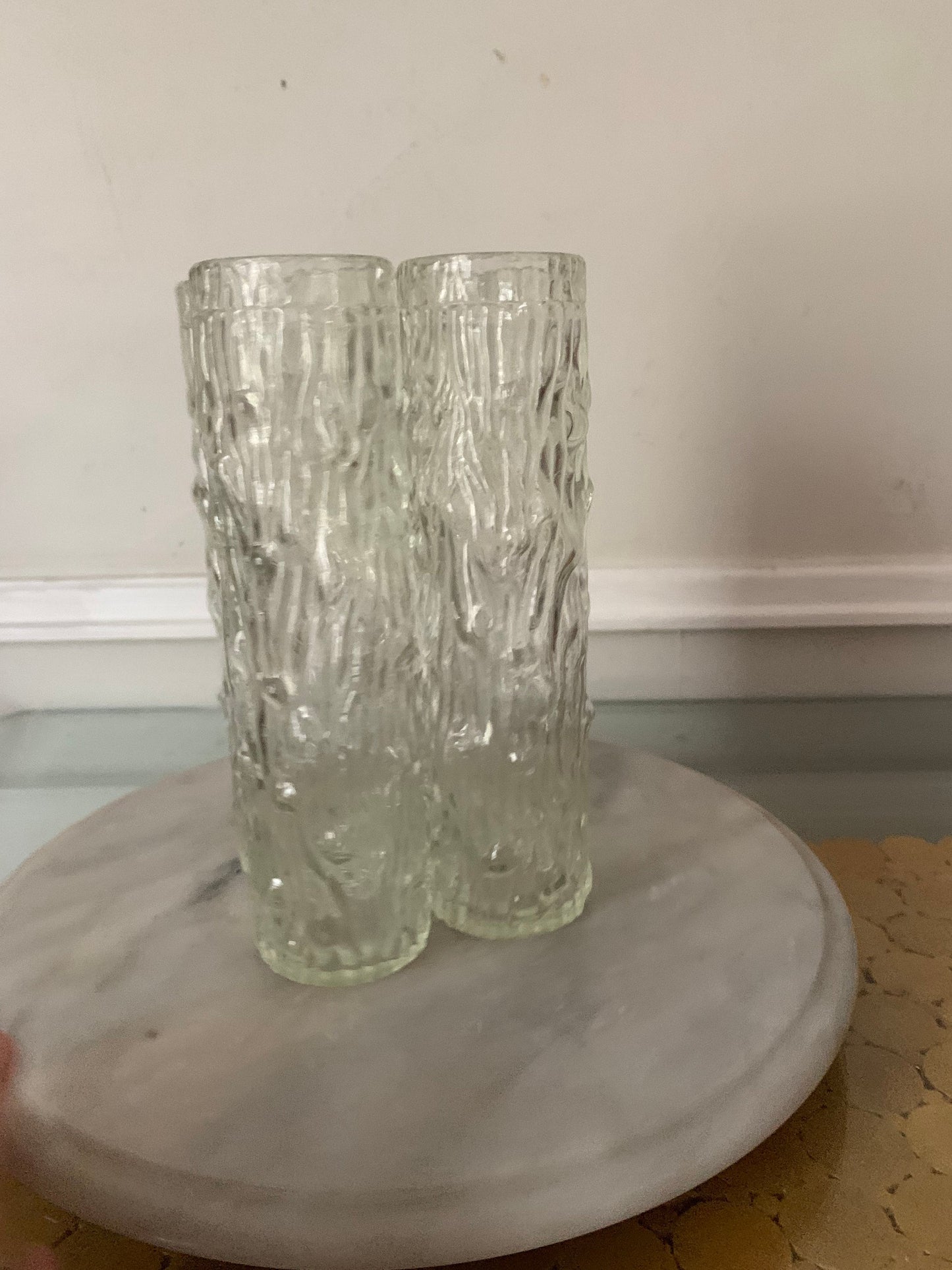 Set of 4 MCM Tall Whitefriars Clear Textured Bark Art Glass Cylindrical Vases
