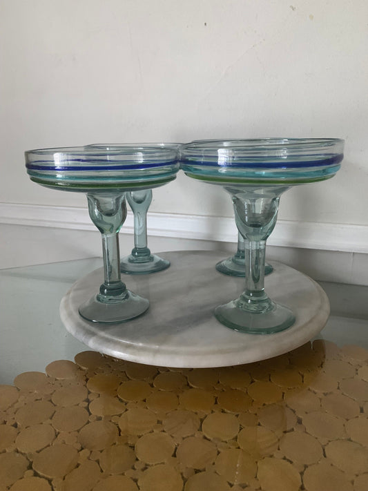Retro Set of 4 Blue and Green Swirl Glass Handblown Margarita Glasses