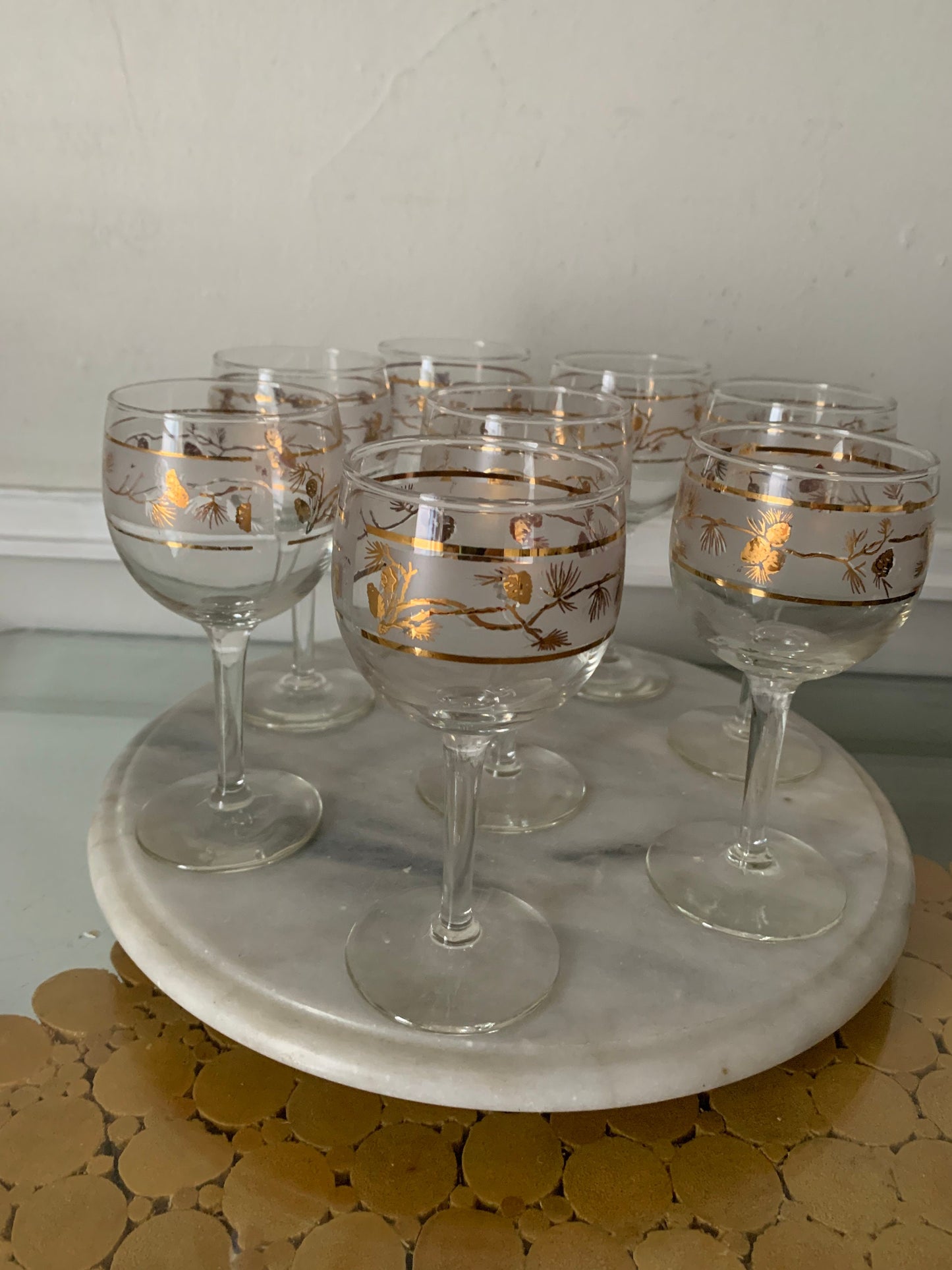 Set of 8 MCM Golden Pinecone Winer Glasses