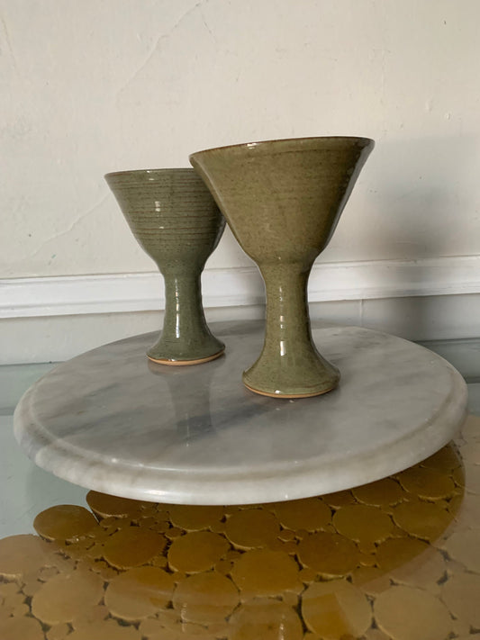 Pair of Handmade Sage Green Pottery Goblets