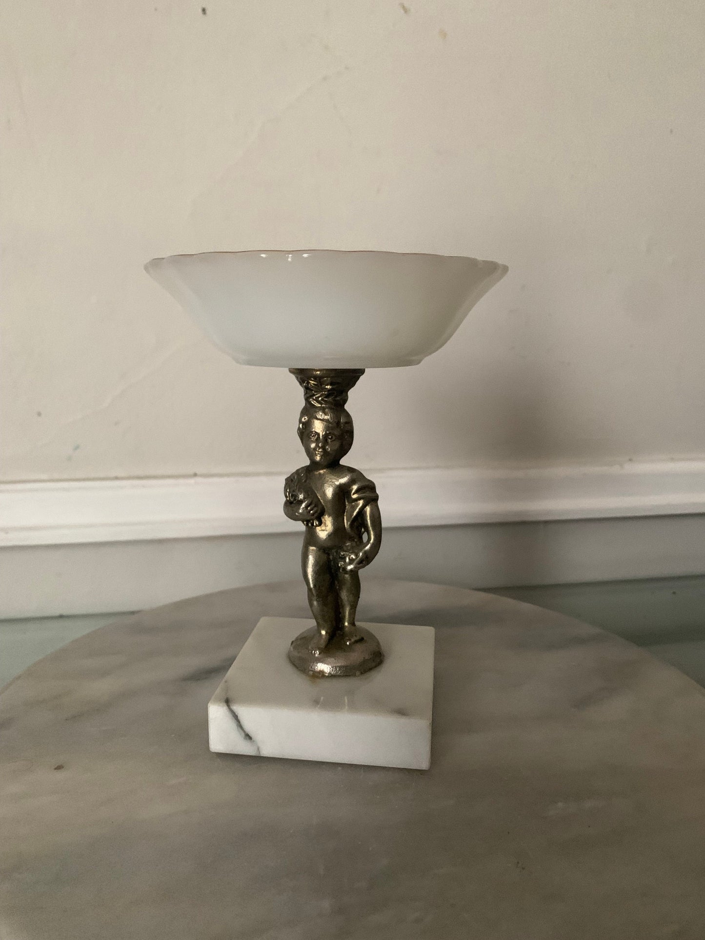 Vintage Milk Glass Pedestal Bowl Gold Tone Cherub Atop Marble Base