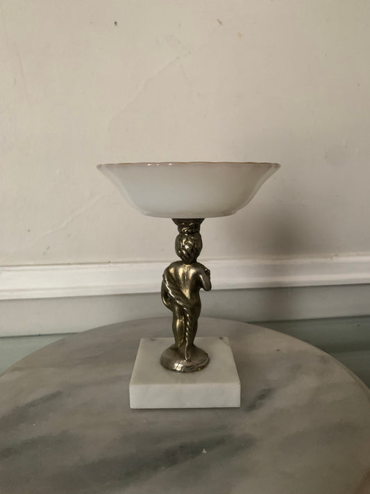 Vintage Milk Glass Pedestal Bowl Gold Tone Cherub Atop Marble Base