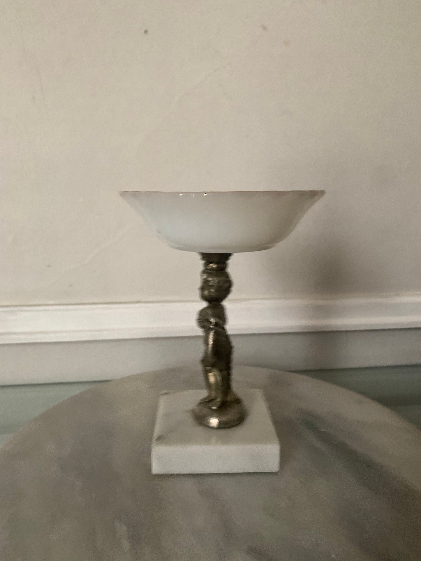 Vintage Milk Glass Pedestal Bowl Gold Tone Cherub Atop Marble Base
