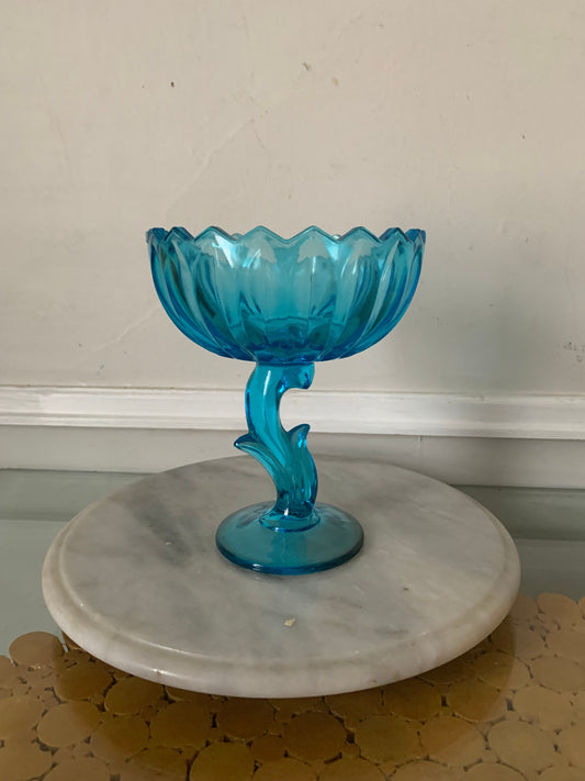 Vintage Clear Bright Blue Flower Pedestal Glass Bowl