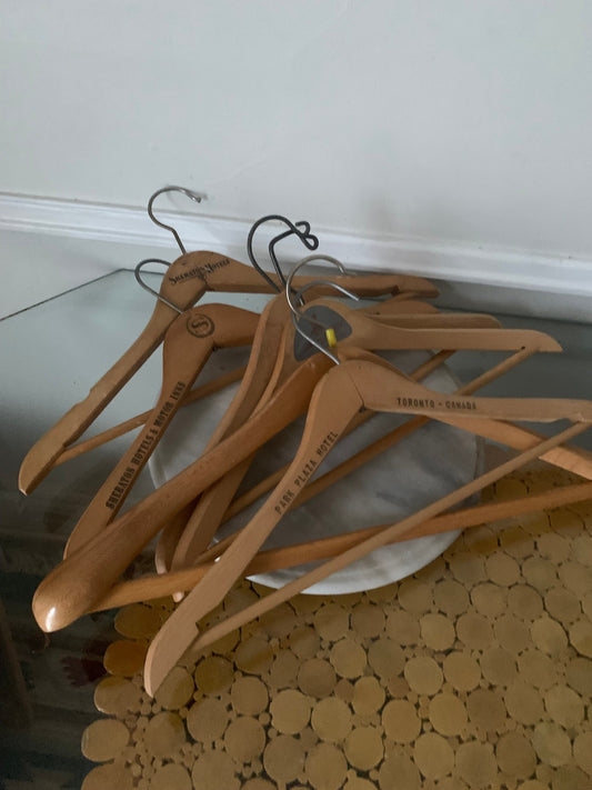 Set of 6 Vintage Hard Wood Top Hangers with Store Names