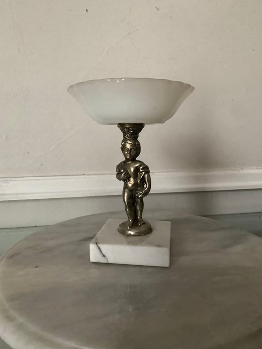 Vintage Milk Glass Pedestal Bowl Gold Tone Cherub Atop Marble Base