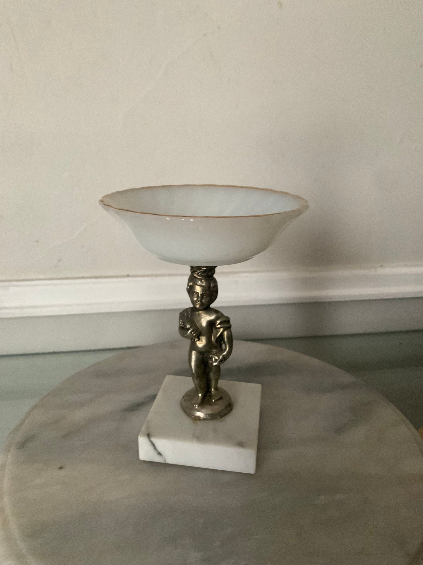 Vintage Milk Glass Pedestal Bowl Gold Tone Cherub Atop Marble Base