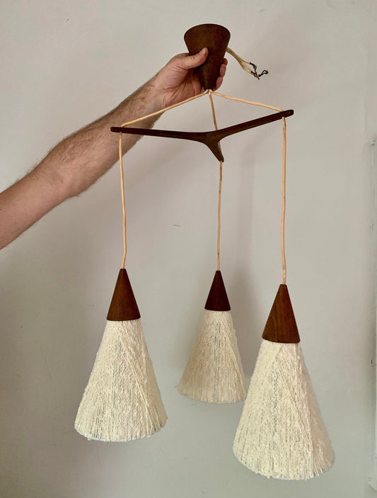 MCM Teak Wood and Woven Shade 3 Pendant Ceiling LIght
