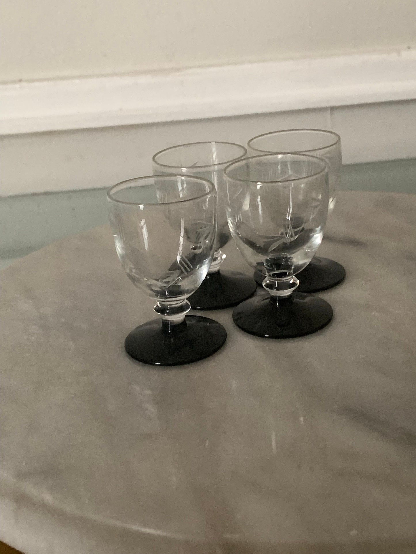 Set of 4 Vintage Etched Liqueur with Black Stem