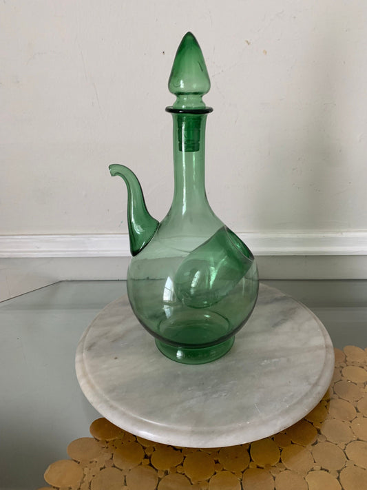 Vintage Clear Green Glass Decanter with Ice Pocket
