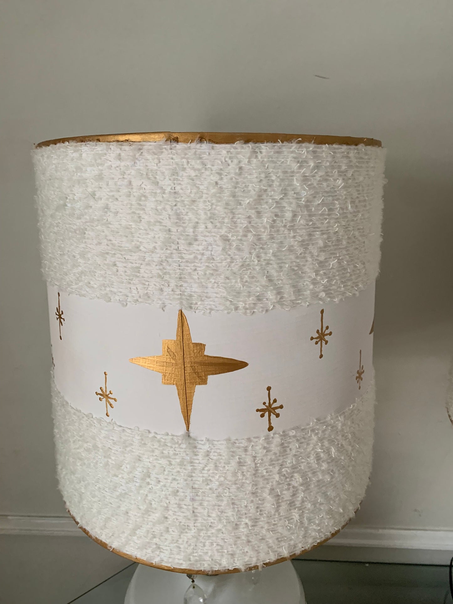 Large Revamped Mid Century Modern White Lampshade with Gold Starburst