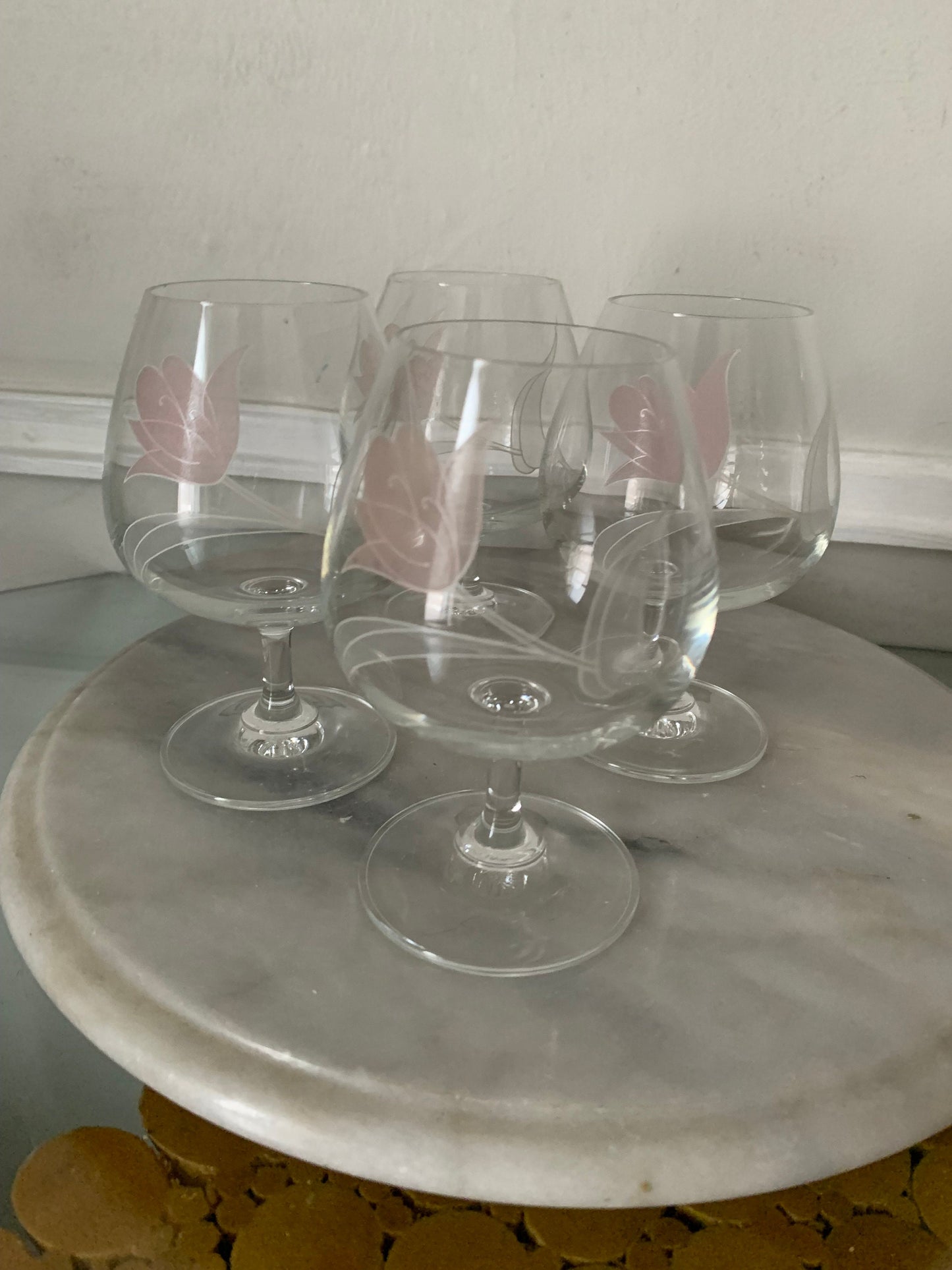 Set of 4 Vintage Czechoslovakian Bohemian Hand Painted Pink Tulip Snifter Cognac Crystal Glasses