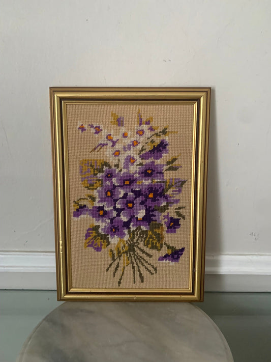 Tall Vintage Handmade Framed Purple Violet Embroidery Picture
