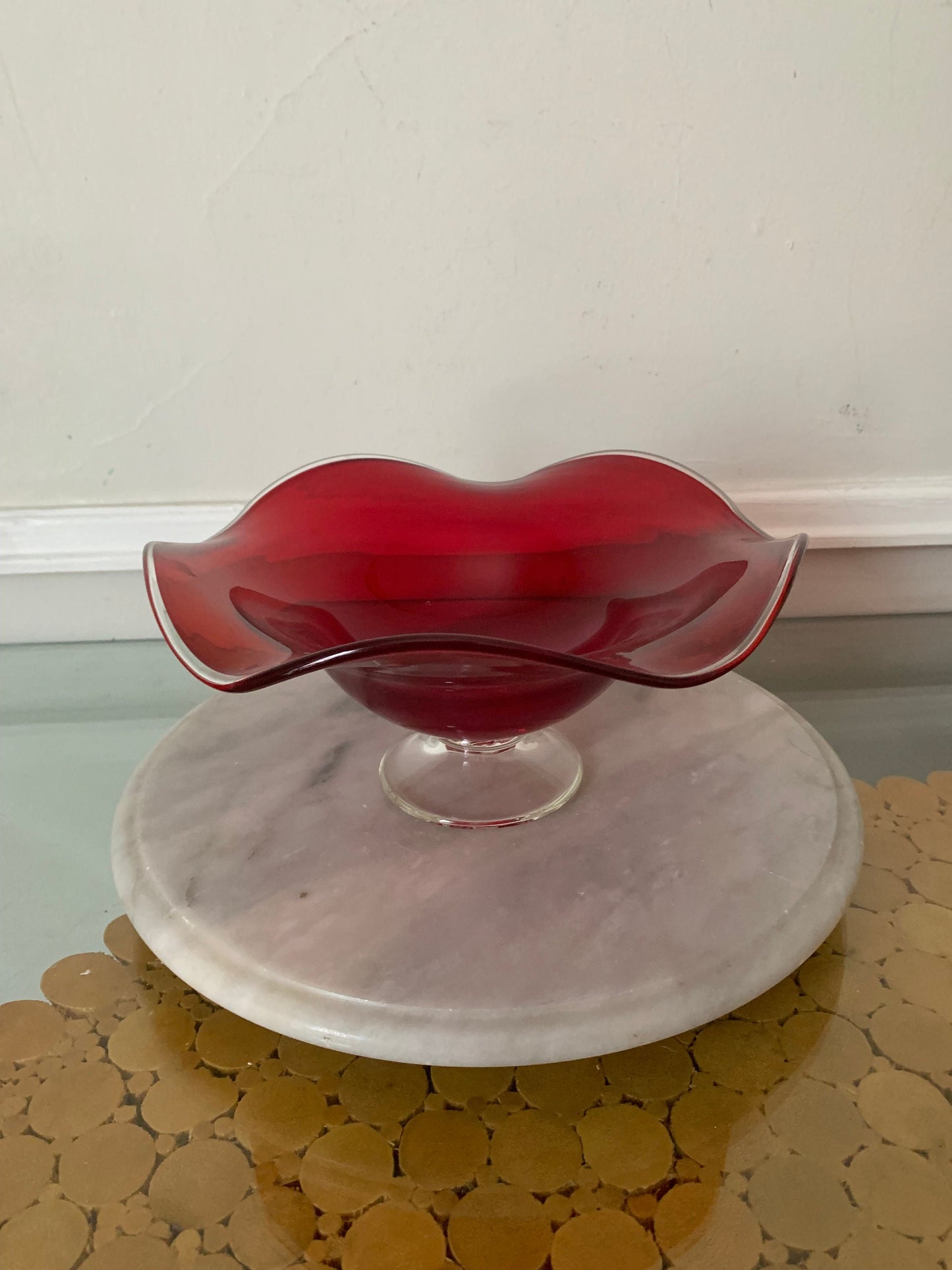 Vintage Scalloped Edge Red Glass Pedestal Bowl