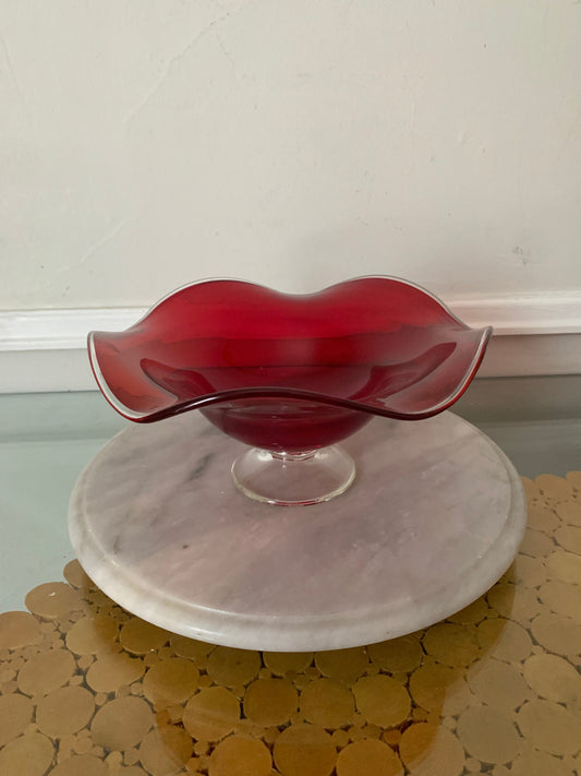 Vintage Scalloped Edge Red Glass Pedestal Bowl